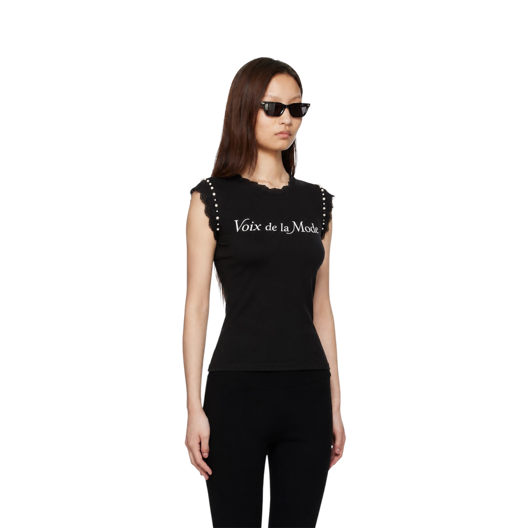 Women’s black VDLM pearl shear lace top